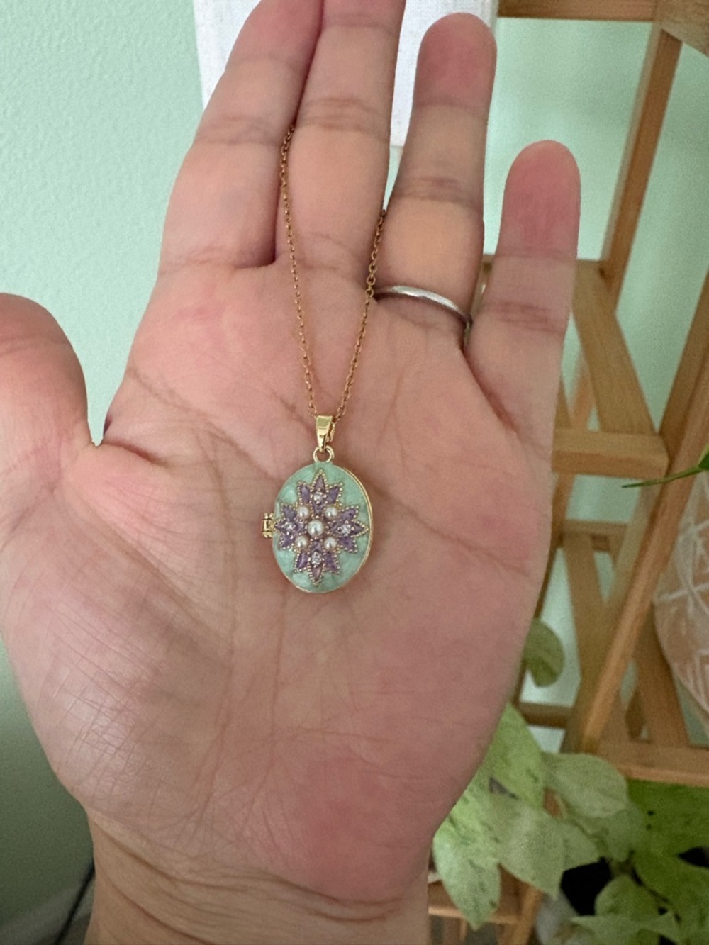 Gold-Tone Mint Green Floral Locket Necklace with Purple Accents